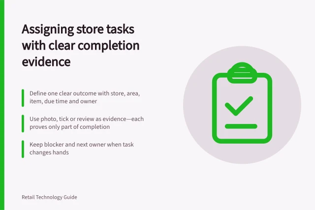 Assigning store tasks with clear completion evidence: Define one clear outcome with store, area, item, due time and owner; Use photo, tick or review as evidence—each proves only part of completion; Keep blocker and next owner when task changes hands. Assigning store tasks with clear completion evidence