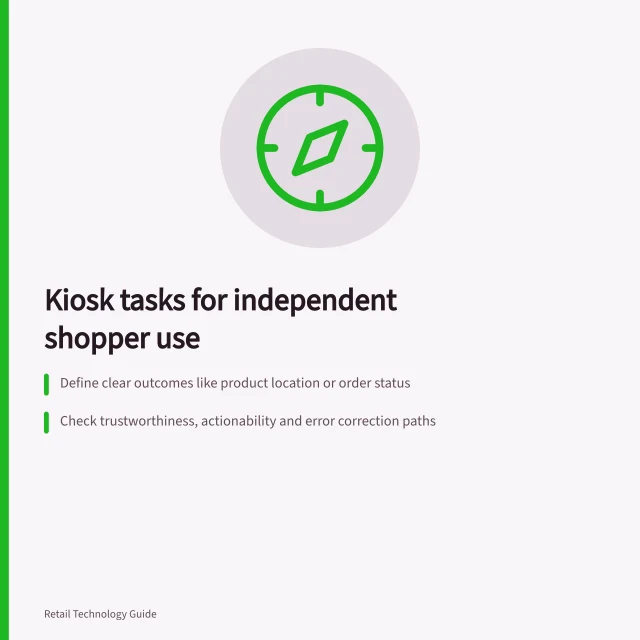 Kiosk tasks for independent shopper use: Define clear outcomes like product location or order status; Check trustworthiness, actionability and error correction paths; Set a narrow first task with a trial rule for revision. Choosing a kiosk task shoppers can complete independently