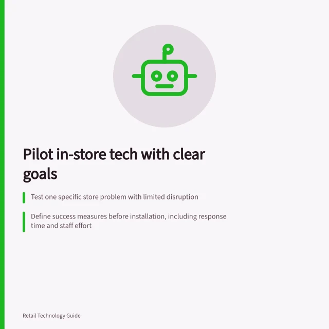 Pilot in-store tech with clear goals: Test one specific store problem with limited disruption; Define success measures before installation, including response time and staff effort; Compare results to baseline data collected under identical conditions. Choosing a small in-store technology pilot
