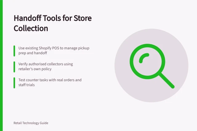 Handoff Tools for Store Collection: Use existing Shopify POS to manage pickup prep and handoff; Verify authorised collectors using retailer’s own policy; Test counter tasks with real orders and staff trials. Choosing order handoff tools for store collection