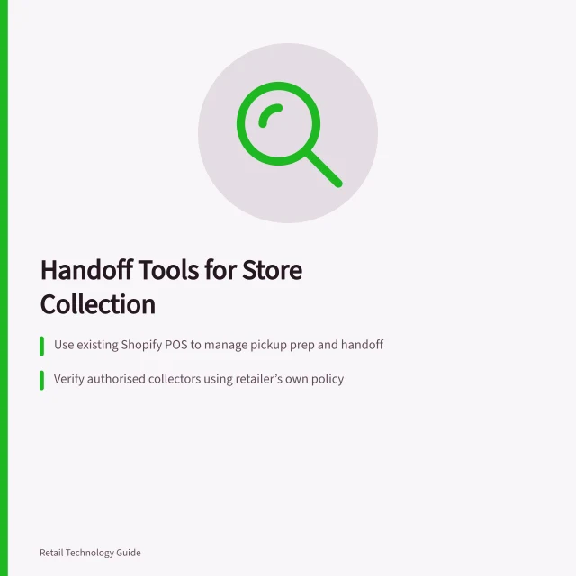 Handoff Tools for Store Collection: Use existing Shopify POS to manage pickup prep and handoff; Verify authorised collectors using retailer’s own policy; Test counter tasks with real orders and staff trials. Choosing order handoff tools for store collection