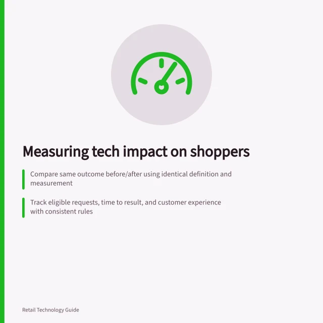Measuring tech impact on shoppers: Compare same outcome before/after using identical definition and measurement; Track eligible requests, time to result, and customer experience with consistent rules; Check records against real counter activity to avoid miscounting errors. Comparing customer outcomes before and after deployment