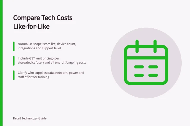 Compare Tech Costs Like-for-Like: Normalise scope: store list, device count, integrations and support level; Include GST, unit pricing (per store/device/user) and all one-off/ongoing costs; Clarify who supplies data, network, power and staff effort for training. Comparing installation and ongoing service costs