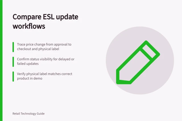 Compare ESL update workflows: Trace price change from approval to checkout and physical label; Confirm status visibility for delayed or failed updates; Verify physical label matches correct product in demo. Comparing shelf-label systems by update workflow