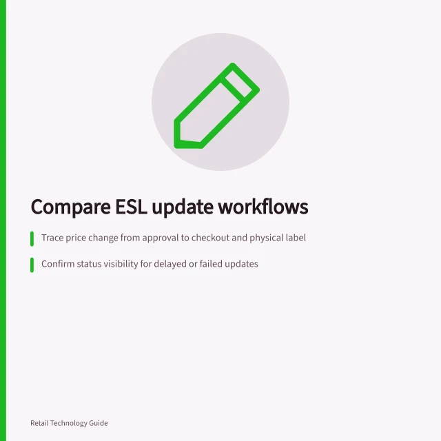 Compare ESL update workflows: Trace price change from approval to checkout and physical label; Confirm status visibility for delayed or failed updates; Verify physical label matches correct product in demo. Comparing shelf-label systems by update workflow