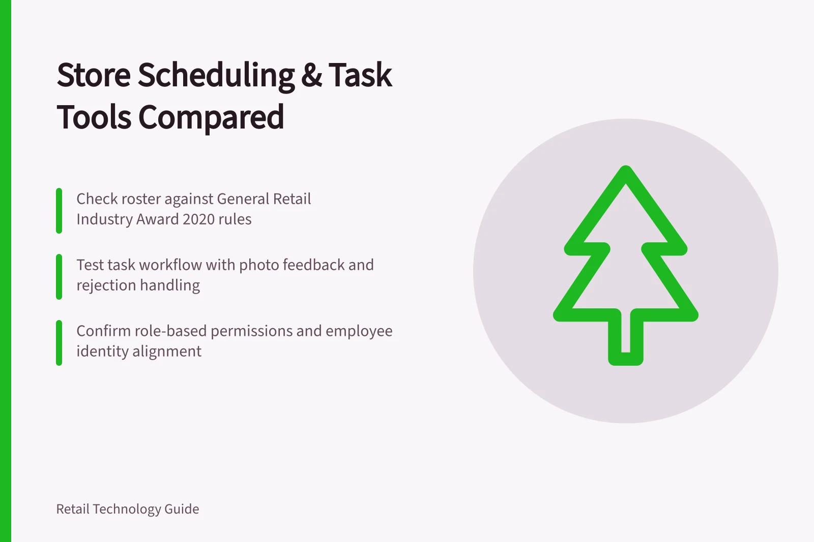 Store Scheduling & Task Tools Compared: Check roster against General Retail Industry Award 2020 rules; Test task workflow with photo feedback and rejection handling; Confirm role-based permissions and employee identity alignment