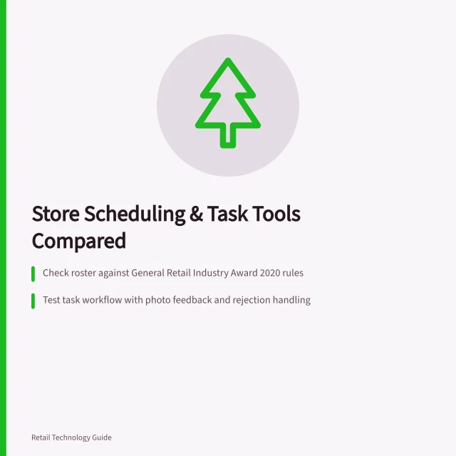 Store Scheduling & Task Tools Compared: Check roster against General Retail Industry Award 2020 rules; Test task workflow with photo feedback and rejection handling; Confirm role-based permissions and employee identity alignment. Comparing store scheduling and task management tools