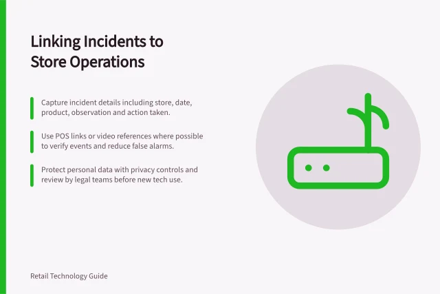 Linking Incidents to Store Operations: Capture incident details including store, date, product, observation and action taken.; Use POS links or video references where possible to verify events and reduce false alarms.; Protect personal data with privacy controls and review by legal teams before new tech use. Connecting incident records to store operations
