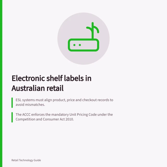 Electronic shelf labels in Australian retail: ESL systems must align product, price and checkout records to avoid mismatches.; The ACCC enforces the mandatory Unit Pricing Code under the Competition and Consumer Act 2010.; Staff must verify shelf displays match approved prices and resolve discrepancies on the spot. Electronic shelf labels