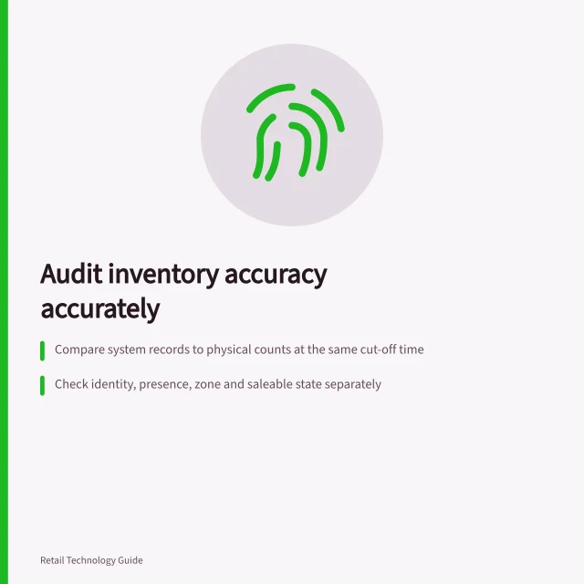 Audit inventory accuracy accurately: Compare system records to physical counts at the same cut-off time; Check identity, presence, zone and saleable state separately; Use independent physical verification—don’t rely on RFID alone. Evaluating item-level inventory accuracy