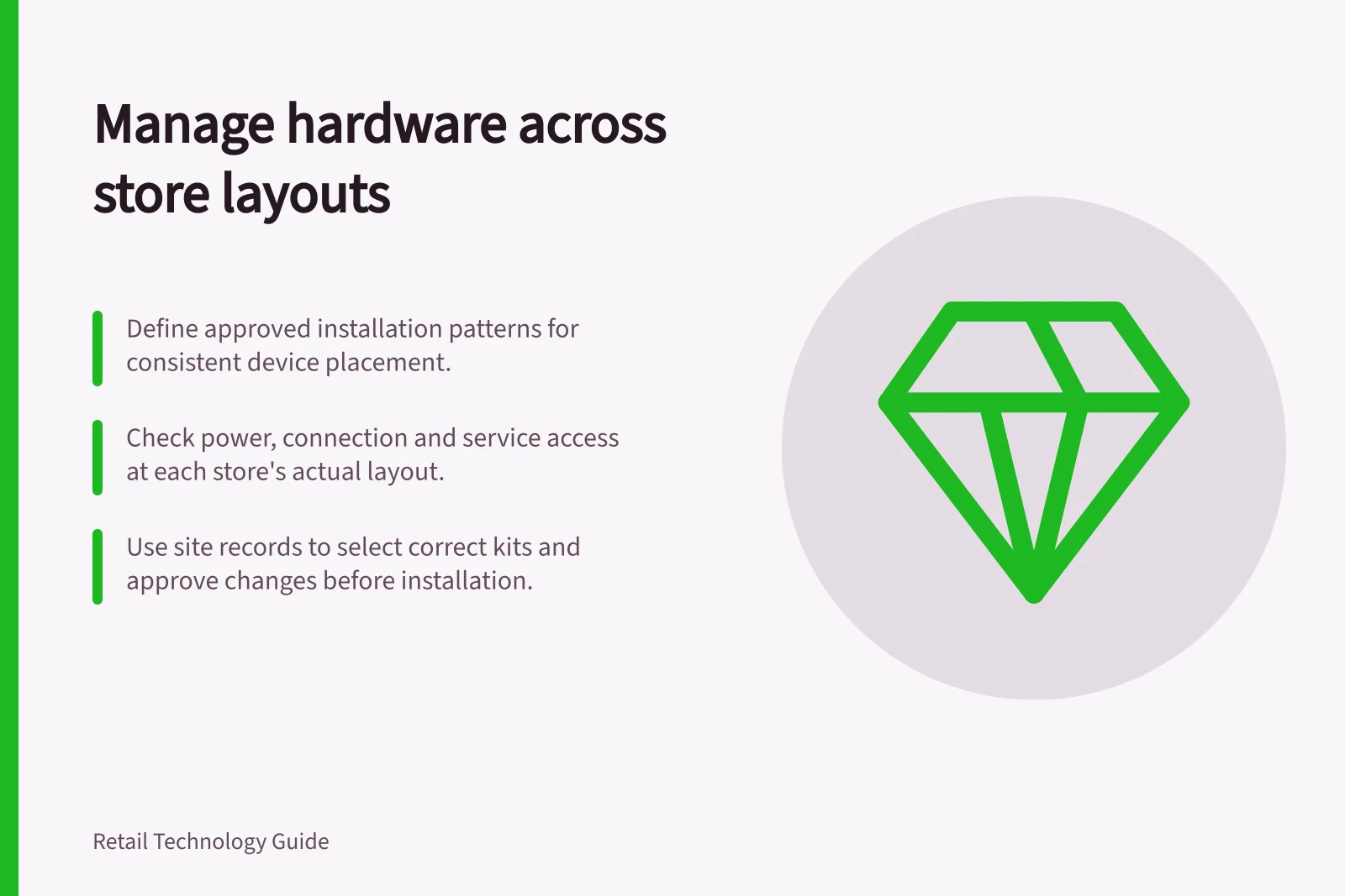 Manage hardware across store layouts: Define approved installation patterns for consistent device placement.; Check power, connection and service access at each store's actual layout.; Use site records to select correct kits and approve changes before installation.