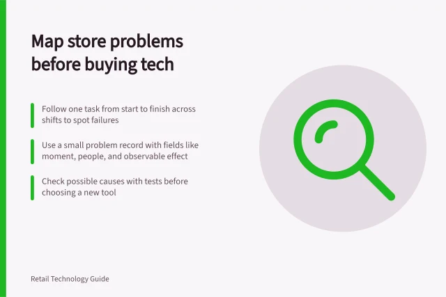 Map store problems before buying tech: Follow one task from start to finish across shifts to spot failures; Use a small problem record with fields like moment, people, and observable effect; Check possible causes with tests before choosing a new tool. Mapping store problems before buying retail technology