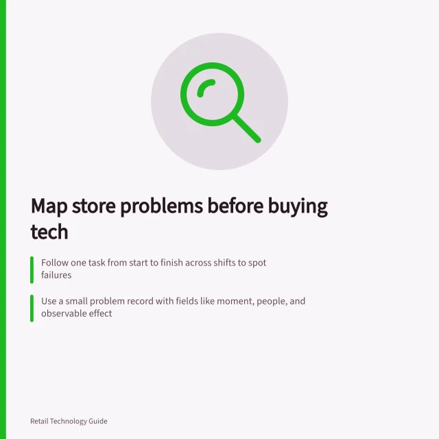 Map store problems before buying tech: Follow one task from start to finish across shifts to spot failures; Use a small problem record with fields like moment, people, and observable effect; Check possible causes with tests before choosing a new tool. Mapping store problems before buying retail technology