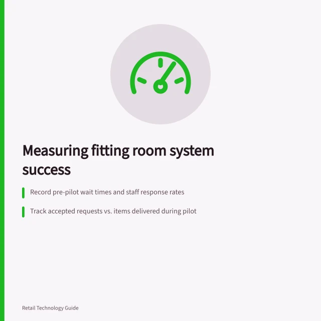 Measuring fitting room system success: Record pre-pilot wait times and staff response rates; Track accepted requests vs. items delivered during pilot; Compare outcomes using a control store or staggered rollout. Measuring whether the system improves the fitting experience
