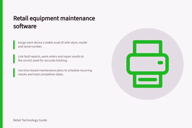 Retail equipment maintenance software: Assign each device a stable asset ID with store, model and serial number.; Link fault reports, work orders and repair results to the correct asset for accurate tracking.; Use time-based maintenance plans to schedule recurring checks and track completion dates. Retail equipment maintenance software