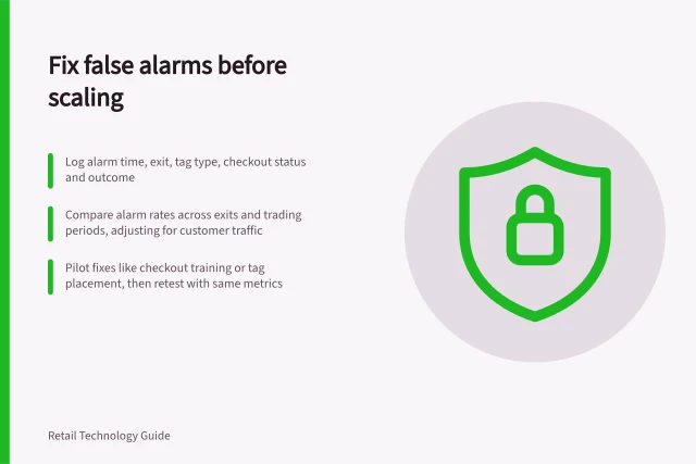 Fix false alarms before scaling: Log alarm time, exit, tag type, checkout status and outcome; Compare alarm rates across exits and trading periods, adjusting for customer traffic; Pilot fixes like checkout training or tag placement, then retest with same metrics. Reviewing false alarms before expanding a system