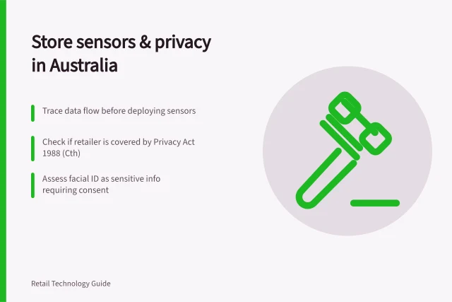 Store sensors & privacy in Australia: Trace data flow before deploying sensors; Check if retailer is covered by Privacy Act 1988 (Cth); Assess facial ID as sensitive info requiring consent. Reviewing privacy implications of store sensors in Australia