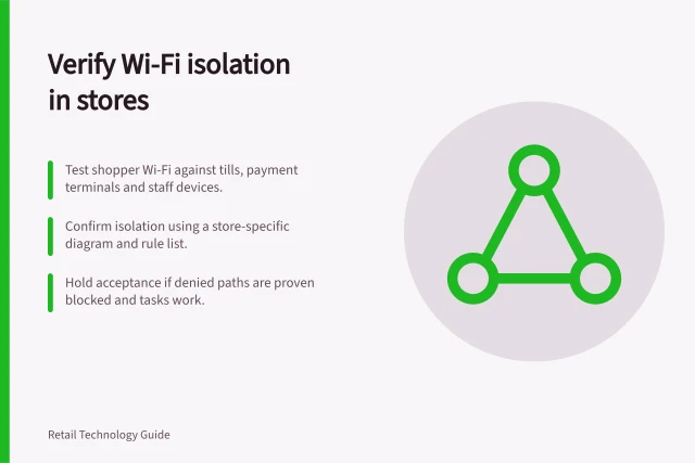 Verify Wi-Fi isolation in stores: Test shopper Wi-Fi against tills, payment terminals and staff devices.; Confirm isolation using a store-specific diagram and rule list.; Hold acceptance if denied paths are proven blocked and tasks work. Verify shopper Wi-Fi isolation from store systems