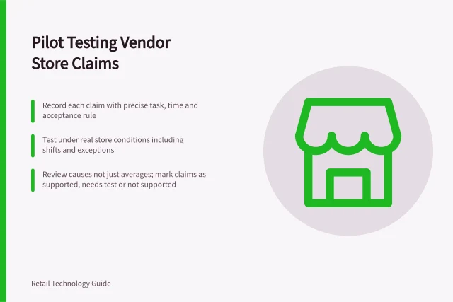 Pilot Testing Vendor Store Claims: Record each claim with precise task, time and acceptance rule; Test under real store conditions including shifts and exceptions; Review causes not just averages; mark claims as supported, needs test or not supported. Testing a vendor's store claims with a pilot