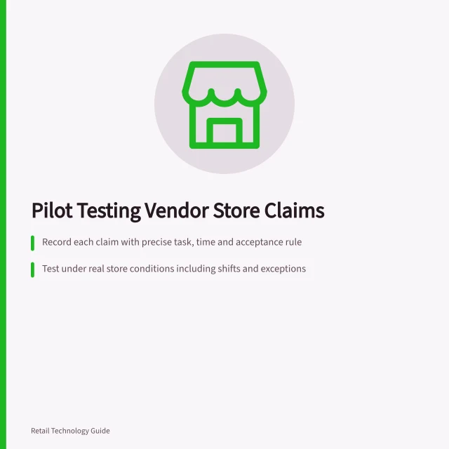 Pilot Testing Vendor Store Claims: Record each claim with precise task, time and acceptance rule; Test under real store conditions including shifts and exceptions; Review causes not just averages; mark claims as supported, needs test or not supported. Testing a vendor's store claims with a pilot
