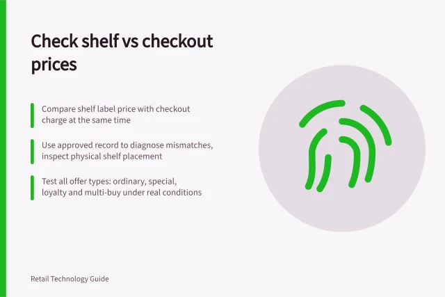 Check shelf vs checkout prices: Compare shelf label price with checkout charge at the same time; Use approved record to diagnose mismatches, inspect physical shelf placement; Test all offer types: ordinary, special, loyalty and multi-buy under real conditions. Testing price consistency between shelf and checkout
