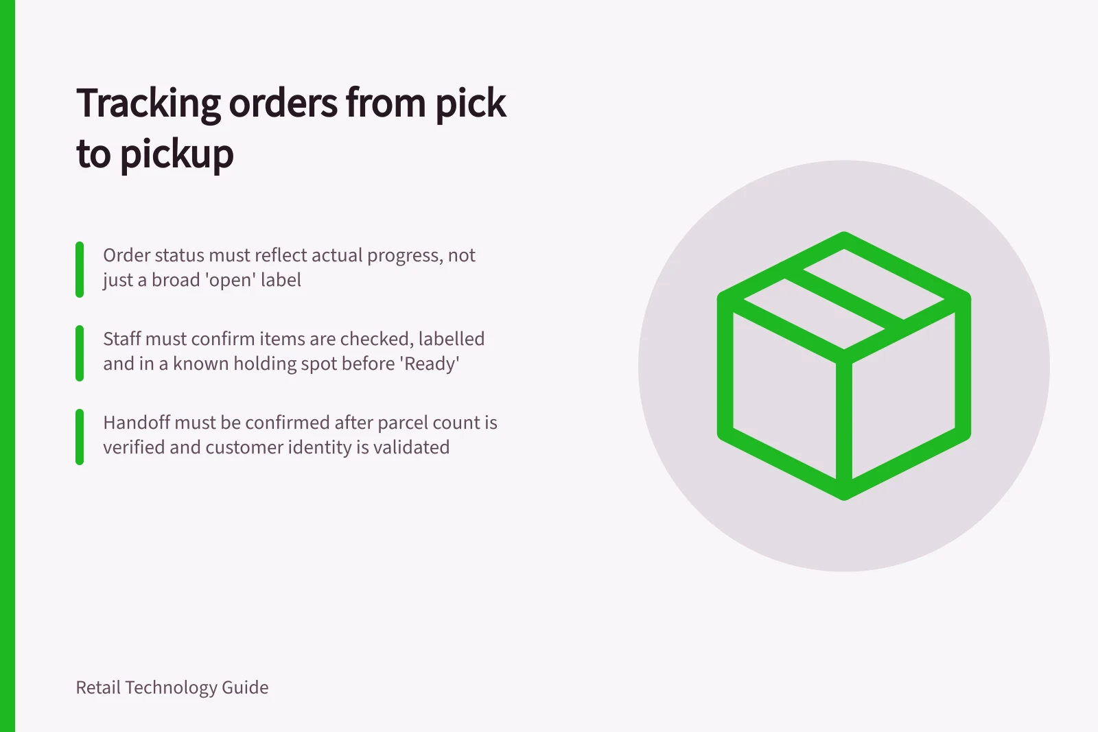 Tracking orders from pick to pickup: Order status must reflect actual progress, not just a broad 'open' label; Staff must confirm items are checked, labelled and in a known holding spot before 'Ready'; Handoff must be confirmed after parcel count is verified and customer identity is validated