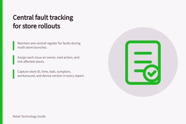 Central fault tracking for store rollouts: Maintain one central register for faults during multi-store launches.; Assign each issue an owner, next action, and link affected stores.; Capture store ID, time, task, symptom, workaround, and device version in every report. Tracking rollout problems centrally